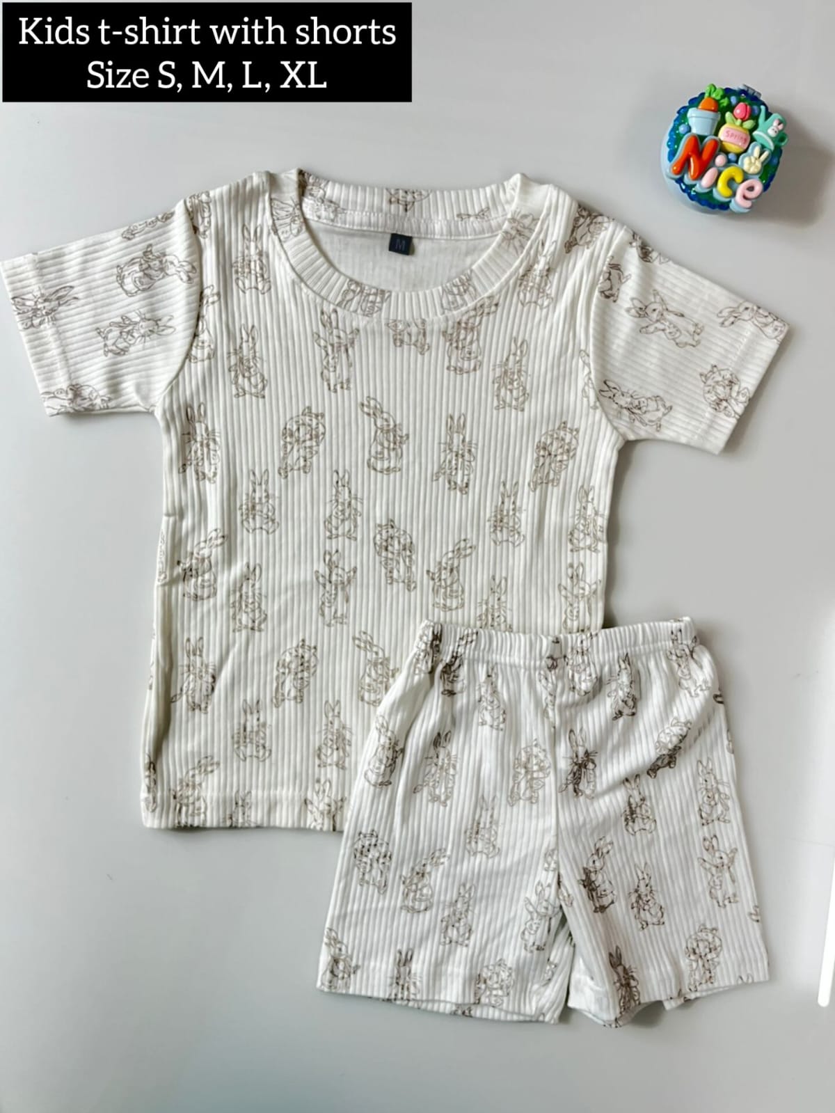 Half White Ribbed Bunny Printed Kids T-shirt and Shorts Coords