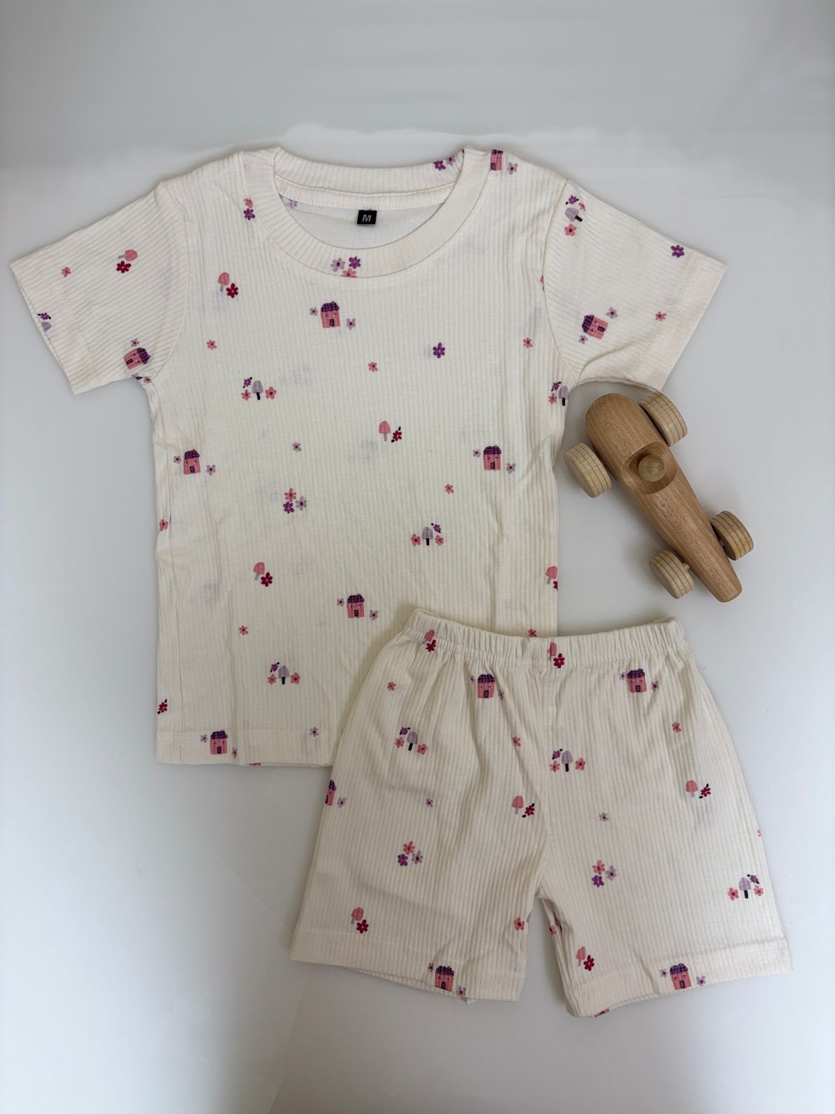 Half White Ribbed Pink House Printed Kids T-shirt and Shorts Coords