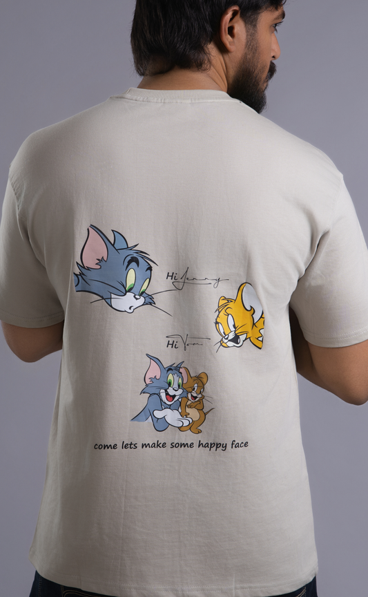 Haddu Men's Oversized T-Shirt – Tom & Jerry Back Cartoon Print on Premium Cotton, Ash Grey Color