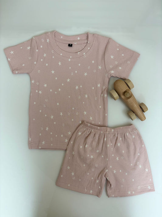 Brown Ribbed White Stars Printed Kids T-shirt and shorts Coords