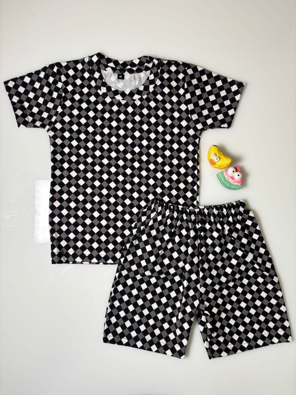 Charcoal Melange and Small Rectangles Printed Kids T-shirt and shorts Coords