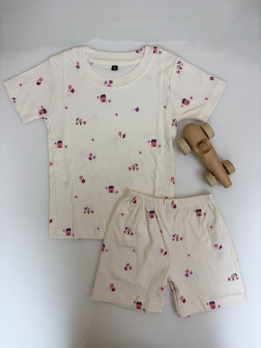 Half White Ribbed Pink House Printed Kids T-shirt and Shorts Coords