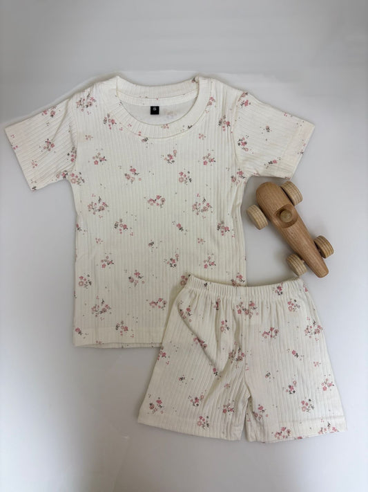 Half White Ribbed Pink Flowers Printed Kids T-shirt and Shorts Coords